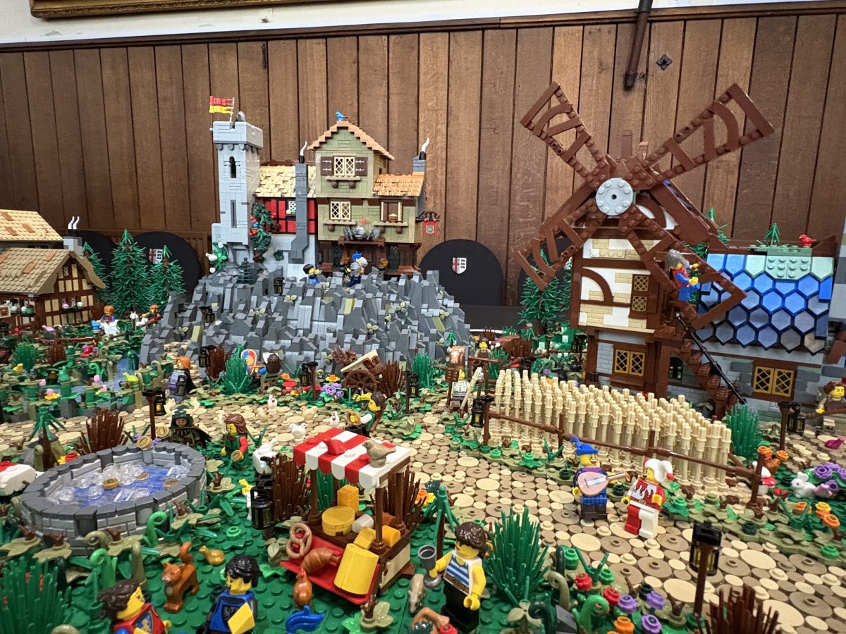Andy Rose's LEGO castle display with castles, farmland and a windmill in shot